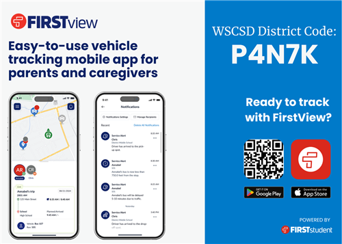 Graphic showing FirstView 1.0 tracking app found in app store  use district code P4N7K